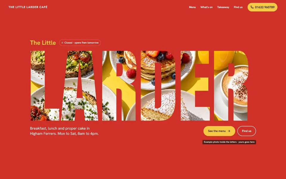 The Little Larder Café example site: the opening screen