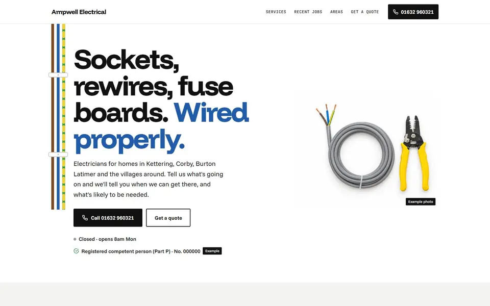 Ampwell Electrical example site: the opening screen